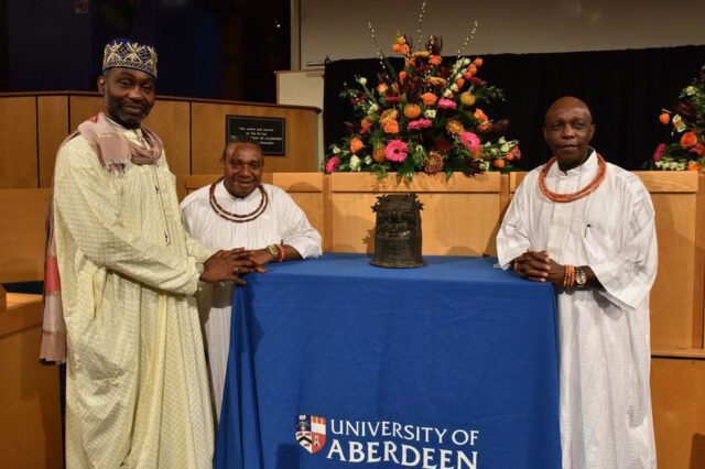 Prince Isa Bayero, a Prince of the Kano Emirates; Chief Charles Uwensuyi-Edosomwan, the Obasuyi of Benin; and Prince Aghatise Erediauwa, the younger brother of the current Benin monarch at the handover ceremony